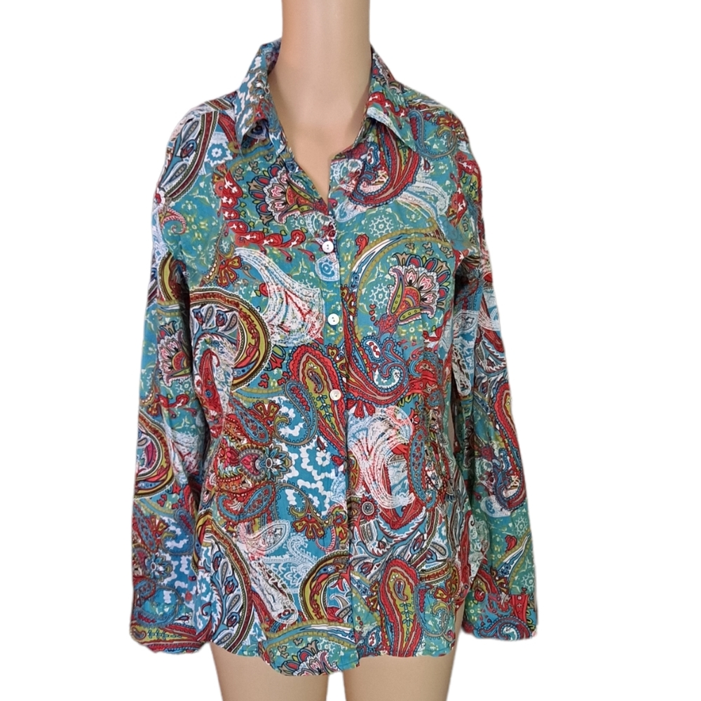 Chico's multicolored paisley long sleeve button down shirt, size 0